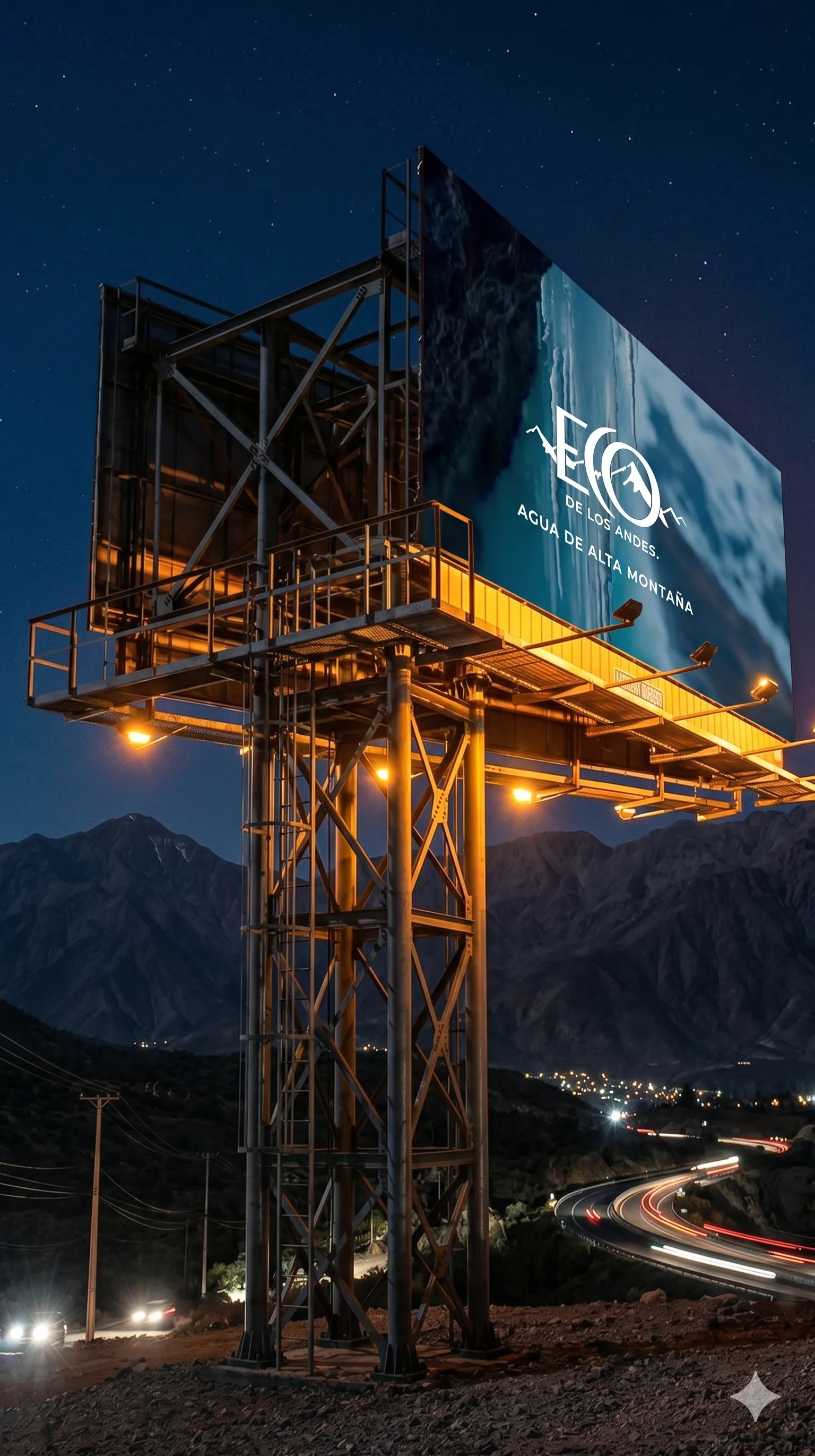 Estructura publicitaria iluminada de noche con montañas andinas